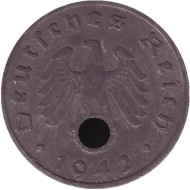 Монета 5 рейхспфеннигов. 1942 год, Германия (Третий Рейх). (G). Монета 5 рейхспфеннигов. 1942 год, Германия (Третий Рейх). (G).