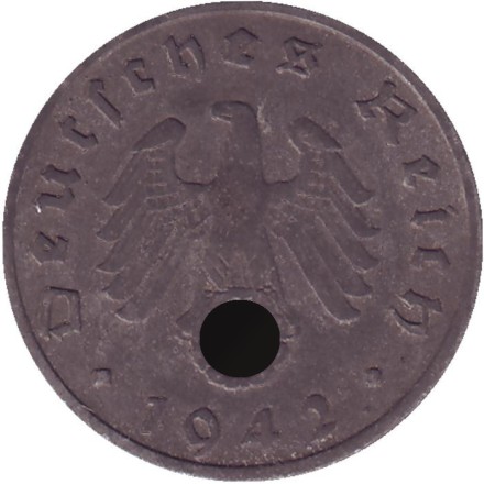 Монета 5 рейхспфеннигов. 1942 год, Германия (Третий Рейх). (G). Монета 5 рейхспфеннигов. 1942 год, Германия (Третий Рейх). (G).