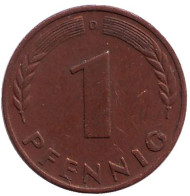 Монета 1 пфенниг. 1950 год (D), ФРГ. Дубовые листья. Монета 1 пфенниг. 1950 год (D), ФРГ. Дубовые листья.