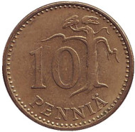 Монета 10 пенни. 1965 год, Финляндия. Монета 10 пенни. 1965 год, Финляндия.