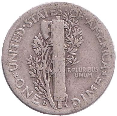 Монета 10 центов. 1939 год, США. Монетный двор D. Меркурий. Монета 10 центов. 1939 год, США. Монетный двор D. Меркурий.