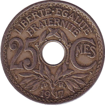 Монета 25 сантимов. 1917 год, Франция. (Новый тип - без подчеркивания под "MES")