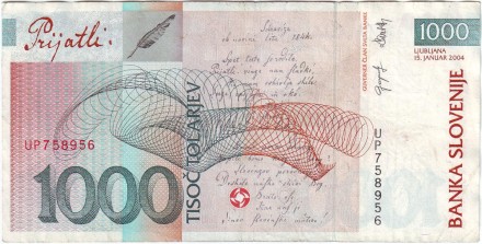 Банкнота 1000 толаров. 2004 год, Словения. Франце Прешерн.