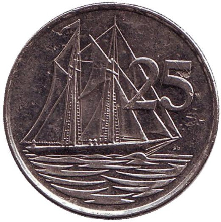 Монета 25 центов. 1999 год, Каймановы острова. Парусник.