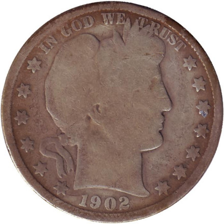 Монета 50 центов (1/2 доллара). 1902 год, США. (Без отметки монетного двора) "50 центов Барбера".