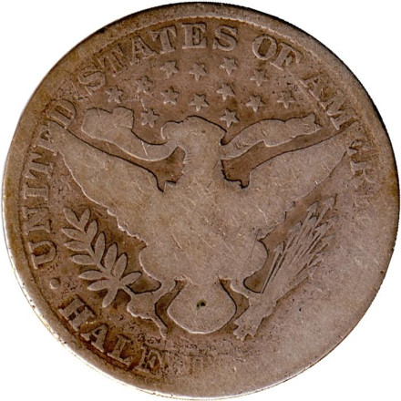 Монета 50 центов (1/2 доллара). 1902 год, США. (Без отметки монетного двора) "50 центов Барбера". Монета 50 центов (1/2 доллара). 1902 год, США. (Без отметки монетного двора) "50 центов Барбера".