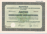 Акционерное общество г. Мансфельд. Горная промышленность. Акция 100 рейхсмарок. 1933 год, Веймарская республика. Акционерное общество г. Мансфельд. Горная промышленность. Акция 100 рейхсмарок. 1933 год, Веймарская республика.