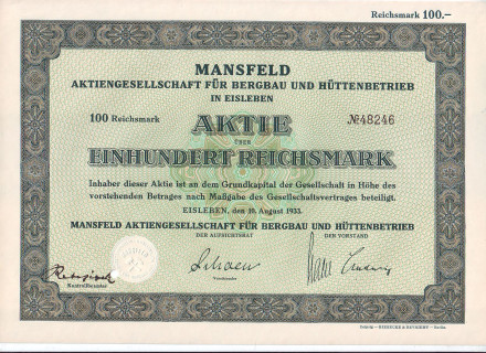 Акционерное общество г. Мансфельд. Горная промышленность. Акция 100 рейхсмарок. 1933 год, Веймарская республика.