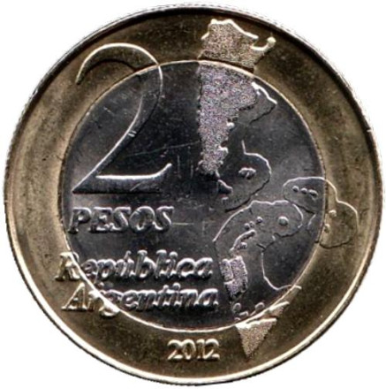 Монета 2 песо. 2012 год, Аргентина. 30-летие войны за Фолкленды.