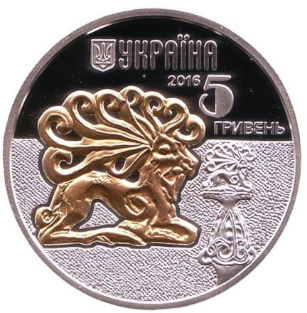 Монета 5 гривен. 2016 год, Украина. Олень. (Фауна в памятниках культуры Украины). Монета 5 гривен. 2016 год, Украина. Олень. (Фауна в памятниках культуры Украины).
