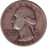 Монета 25 центов. 1945 год, США. (Без отметки монетного двора). Вашингтон. Монета 25 центов. 1945 год, США. (Без отметки монетного двора). Вашингтон.