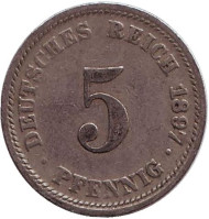 Монета 5 пфеннигов. 1897 год (D), Германская империя. Монета 5 пфеннигов. 1897 год (D), Германская империя.