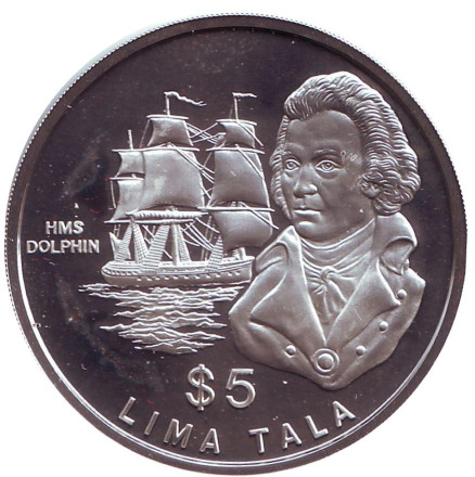 Монета 5 тала. 1989 год, Токелау. Джон Байрон. Фрегат "Дельфин".