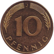Монета 10 пфеннигов. 1983 год (J), ФРГ. Дубовые листья. Монета 10 пфеннигов. 1983 год (J), ФРГ. Дубовые листья.