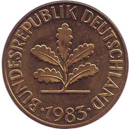 Монета 10 пфеннигов. 1983 год (J), ФРГ. Дубовые листья. Монета 10 пфеннигов. 1983 год (J), ФРГ. Дубовые листья.