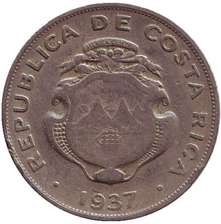 Монета 50 сантимов. 1937 год, Коста-Рика. Монета 50 сантимов. 1937 год, Коста-Рика.