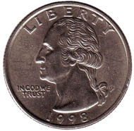 Монета 25 центов. 1998 (P) год, США. Вашингтон. Монета 25 центов. 1998 (P) год, США. Вашингтон.