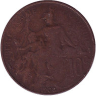 Монета 10 сантимов. 1908 год, Франция. Монета 10 сантимов. 1908 год, Франция.