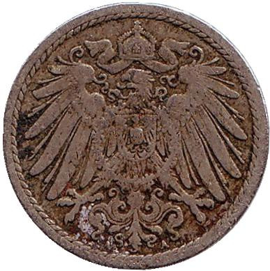 Монета 5 пфеннигов. 1890 год (A), Германская империя. Монета 5 пфеннигов. 1890 год (A), Германская империя.