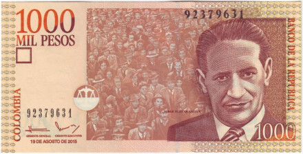Банкнота 1000 песо. 2015 год, Колумбия. Хорхе Эльесер Гайтан.