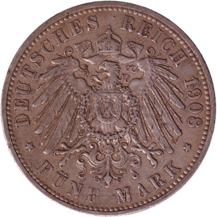 Монета 5 марок. 1908 год, Германская империя. Пруссия.