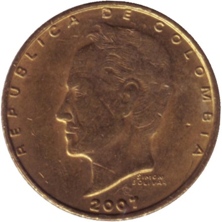 Монета 20 песо. 2007 год, Колумбия.