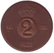 Монета 2 эре. 1967 год, Швеция. Монета 2 эре. 1967 год, Швеция.