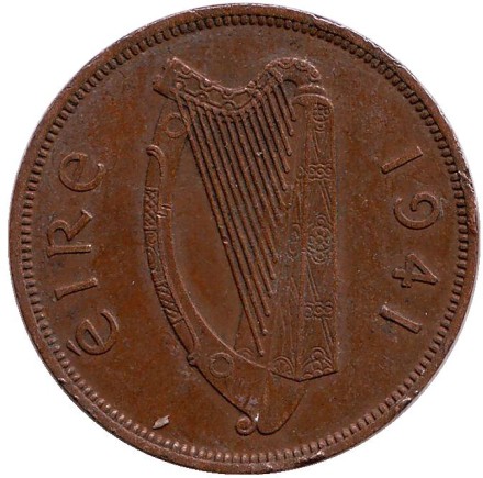 Монета 1 пенни. 1941 год, Ирландия. Птица. Ирландская арфа. Монета 1 пенни. 1941 год, Ирландия. Птица. Ирландская арфа.