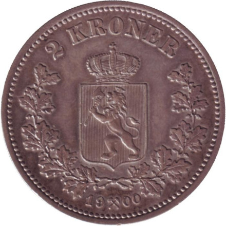 Монета 2 кроны. 1900 год, Норвегия. Редкая! Оскар II. Монета 2 кроны. 1900 год, Норвегия. Редкая! Оскар II.