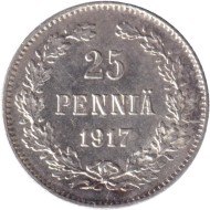 Монета 25 пенни. 1917 год, Финляндия в составе Российской Империи. (орел без короны) Монета 25 пенни. 1917 год, Финляндия в составе Российской Империи. (орел без короны)