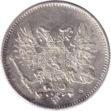 Монета 25 пенни. 1917 год, Финляндия в составе Российской Империи. (орел без короны)