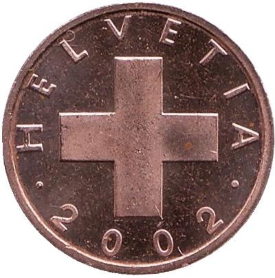 Монета 1 раппен. 2002 год, Швейцария. aUNC. Монета 1 раппен. 2002 год, Швейцария. aUNC.