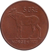 Монета 5 эре. 1972 год, Норвегия. Лось. Монета 5 эре. 1972 год, Норвегия. Лось.