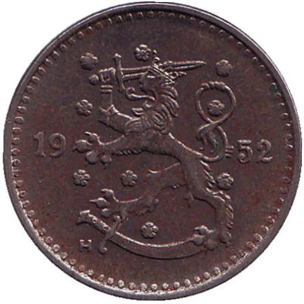 Монета 1 марка. 1952 год, Финляндия. (старый тип)