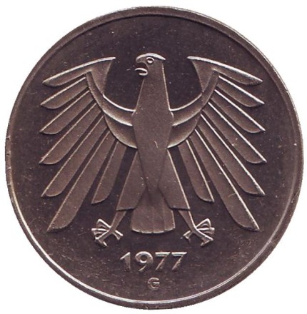 Монета 5 марок. 1977 год (G), ФРГ. Монета 5 марок. 1977 год (G), ФРГ.
