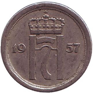 Монета 10 эре. 1957 год, Норвегия. Монета 10 эре. 1957 год, Норвегия.