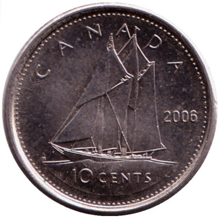 Монета 10 центов. 2006 год, Канада. (Отметка "Кленовый лист"). Парусник.