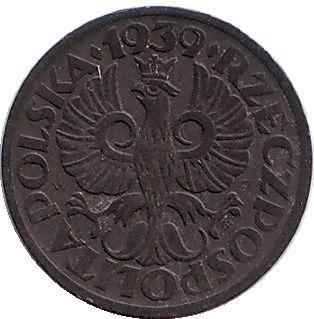 Монета 1 грош, 1939 год, Польша. (цинк).