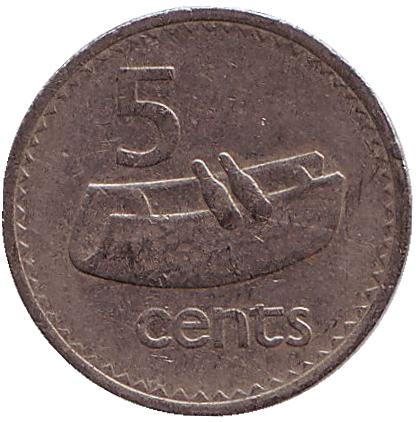 Монета 5 центов. 1976 год, Фиджи. Фиджийский барабан (лали).