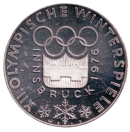 Монета 100 шиллингов. 1975 год, Австрия. Proof. XII зимние Олимпийские Игры. Инсбрук 1976. Олимпийская эмблема.