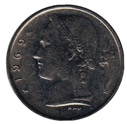 Монета 1 франк. 1969 год, Бельгия. (Belgique)