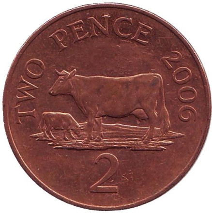 Монета 2 пенса. 2006 год, Гернси. Корова.