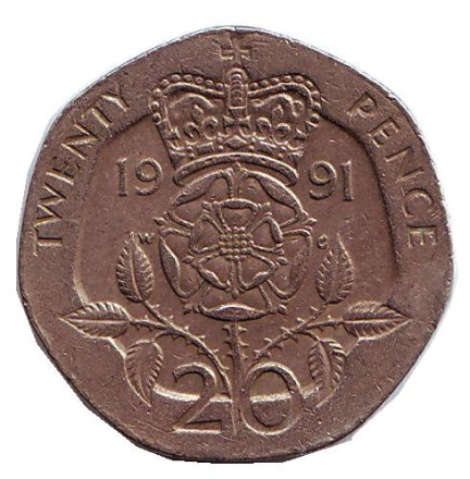 Монета 20 пенсов. 1991 год, Великобритания.