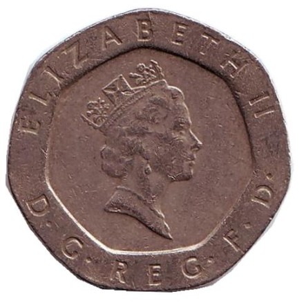 Монета 20 пенсов. 1991 год, Великобритания.