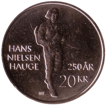 Монета 20 крон. 2021 год, Норвегия. 250 лет со дня рождения Ханса Нильсена Хауге