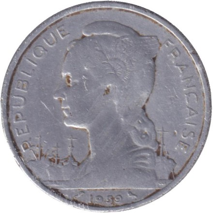 Монета 5 франков. 1959 год, Французский берег Сомали. Антилопа.