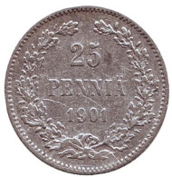 Монета 25 пенни. 1901 год, Финляндия в составе Российской Империи. Монета 25 пенни. 1901 год, Финляндия в составе Российской Империи.