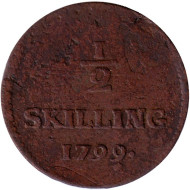 Монета 1/2 скиллинга. 1799 год, Швеция. Монета 1/2 скиллинга. 1799 год, Швеция.