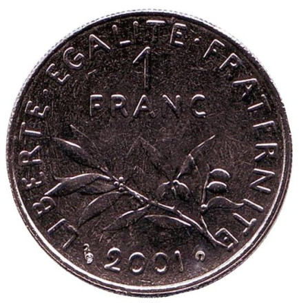 Монета 1 франк. 2001 год, Франция. BU.