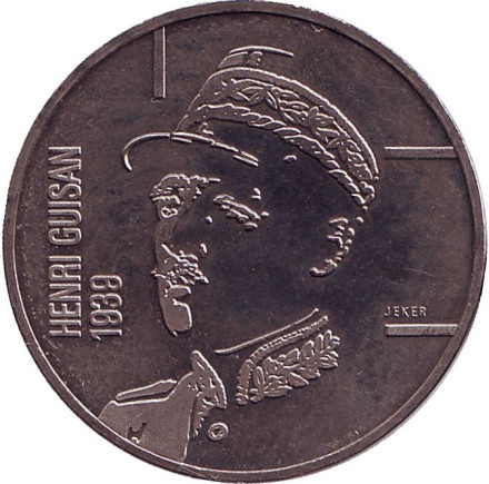 Монета 5 франков. 1989 год, Швейцария. 50-летие начала Второй мировой войны. Генерал Анри Гизан.